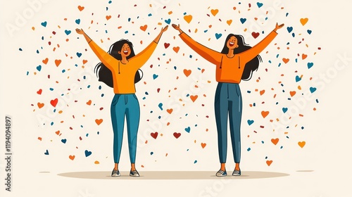 Two happy women celebrate with confetti hearts.