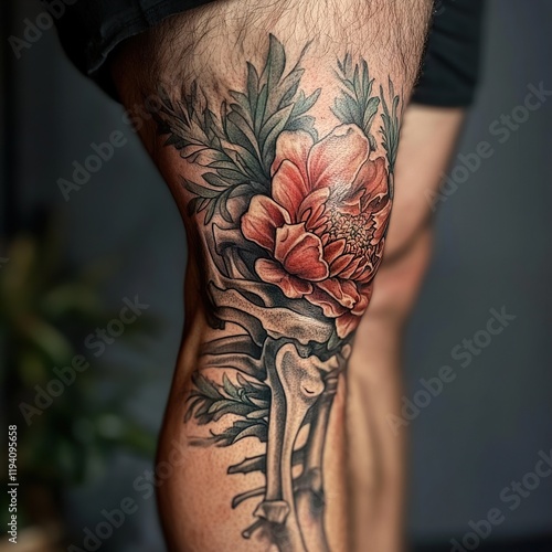 Red Peony and Bone Leg Tattoo: Realistic Floral Body Art photo