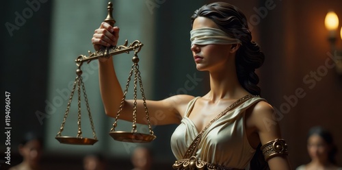 Blindfolded Lady Justice holding scales with serene expression amidst a courtroom setting, ladyjustice, law, lawofthe land photo