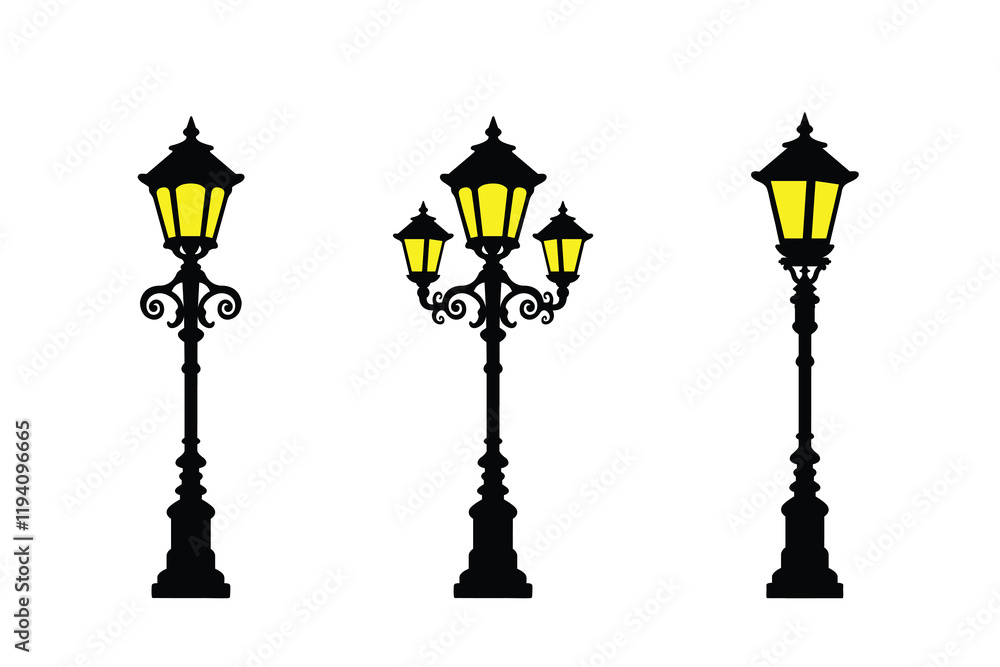 Silhouette of realistic and old style street lamps collection vector icon set isolated on white background. Black vintage street lamp post logo art work.