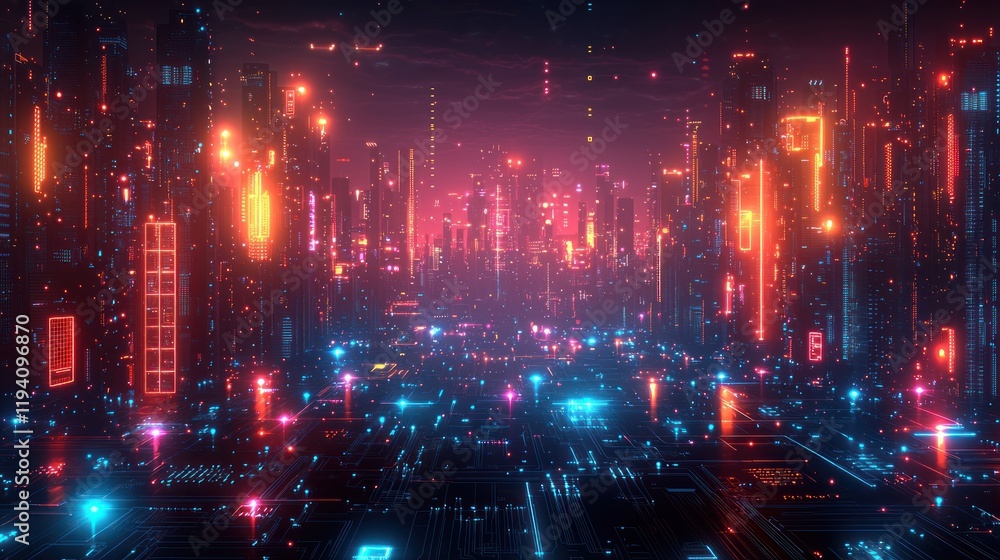 Fototapeta premium Futuristic cityscape with neon lights and digital elements.