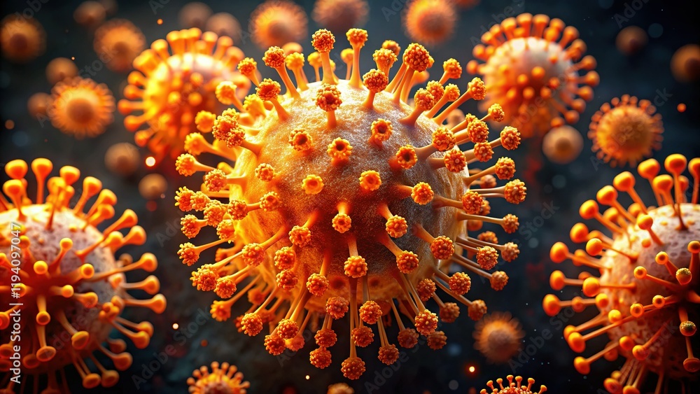 Fototapeta premium Microscopic View: Glowing Orange Virus Structure, Detailed Close-up