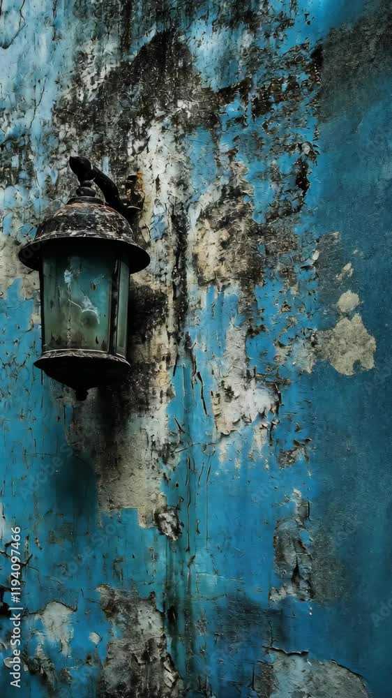 Old lantern hangs on a weathered blue wall with peeling paint in a charming urban setting Old lantern hangs on a weathered blue wall with peeling paint in a charming urban setting