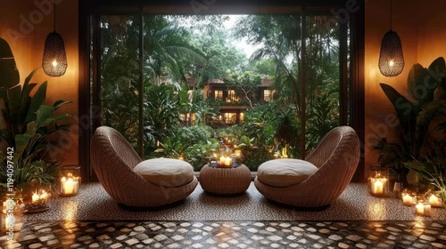 Fototapeta Naklejka Na Ścianę i Meble -  Tranquil lounge with wicker chairs, candles, and lush jungle view.