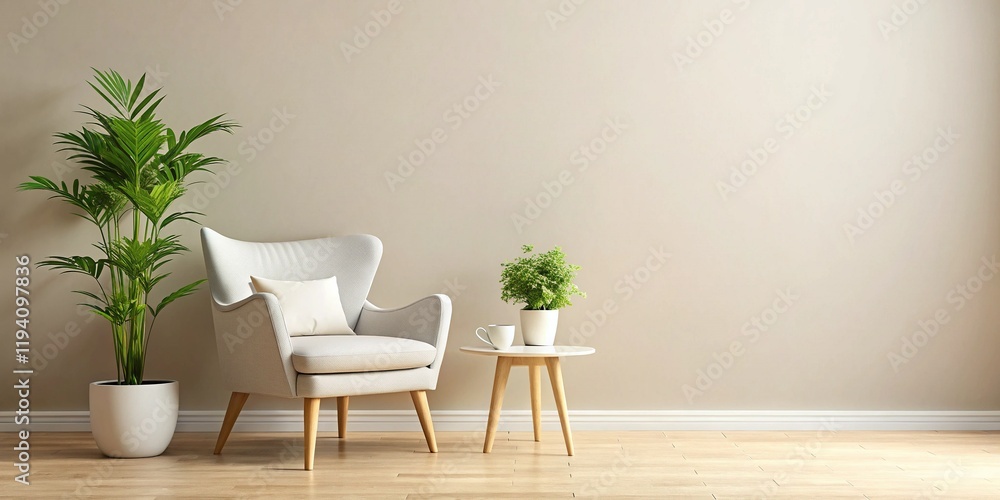 Minimalist Living Room Corner: White Armchair, Green Plant, Neutral Walls Minimalist Living Room Corner: White Armchair, Green Plant, Neutral Walls