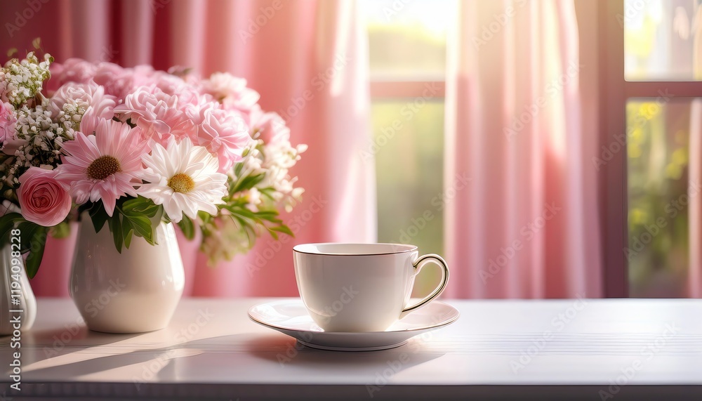 A serene morning scene featuring a cup of tea beside a vase of pink flowers, bathed in warm sunlight filtering through sheer curtains. A serene morning scene featuring a cup of tea beside a vase of pink flowers, bathed in warm sunlight filtering through sheer curtains.