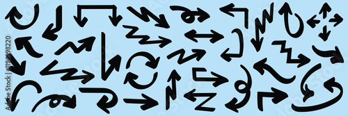 Set of simple bold lines hand drawn black arrows in various style. Set of simple of hand drawn black arrows. Set of simple bold lines hand drawn black arrows. Various of simple lines arrows collection