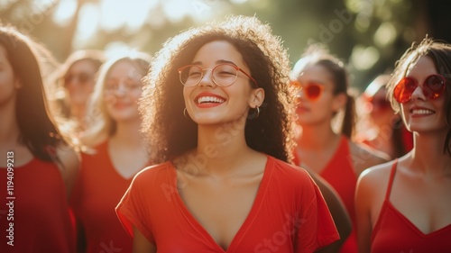 Group of women wearing red walking in solidarity, bright and uplifting , National Wear Red Day
