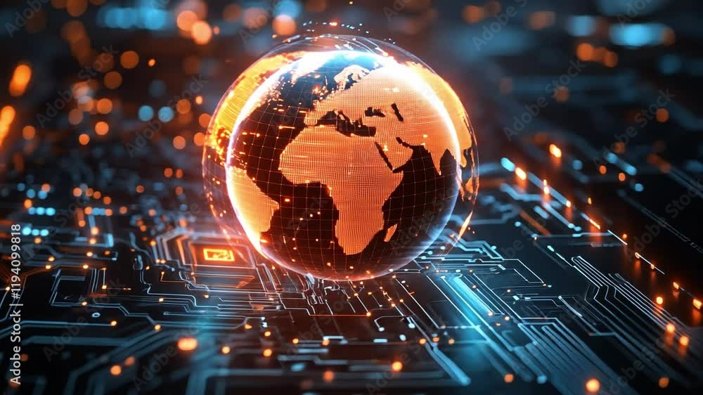 Global Network Connection: A futuristic digital globe, pulsating with warm orange and cool blue energy, rests on a complex circuit board. Global Network Connection: A futuristic digital globe, pulsating with warm orange and cool blue energy, rests on a complex circuit board.