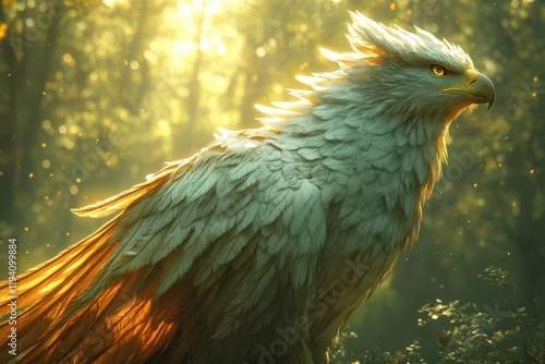 majestic griffin a mythical creature with the body of a lion and the head of an eagle poised elegantly against a lush enchanted forest backdrop embodying power and grace in a fantastical setting photo