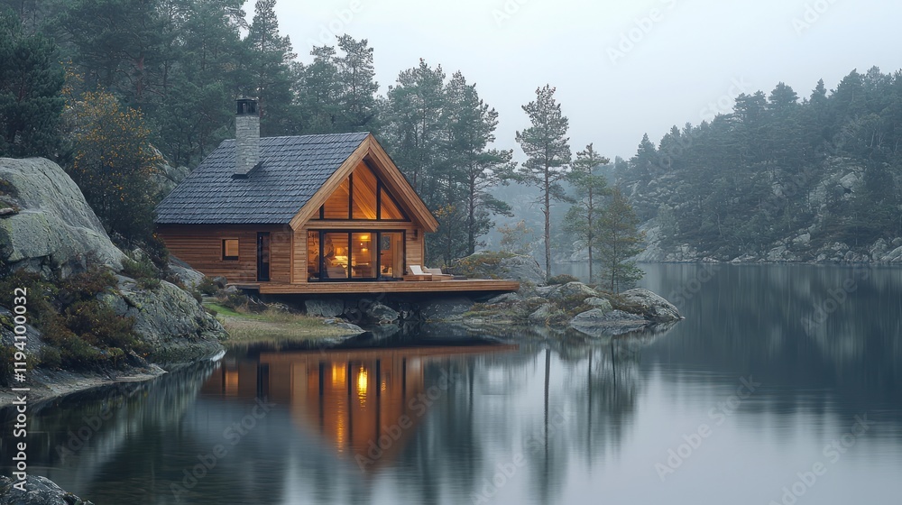 Fototapeta premium Tranquil lakeside cabin surrounded by nature.