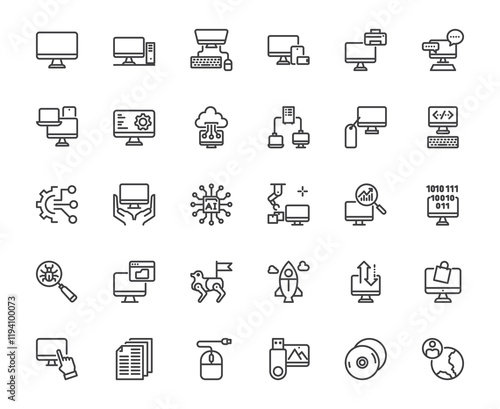 Vector thin line icon set of pc or screen device and related things, computer technology and office equipment, 48x48 pixel perfect editable stroke for website, media, mobile app, ux,ui design