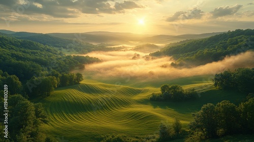 Wallpaper Mural Serene Sunrise Over Rolling Hills and Misty Valleys with Lush Greenery Illuminated by Warm Golden Light in Tranquil Natural Landscape Torontodigital.ca