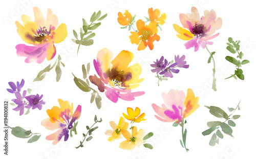 Watercolor Abstract purple and yellow flowers, Wildflowers, and Leaves Vector Illustration Set / Hand-Painted Floral Background Illustrations for Spring

