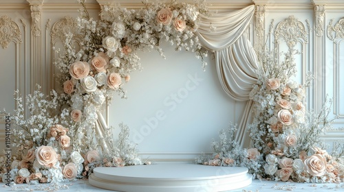 Elegant Wedding Floral Arch with Pastel Roses and White Flowers. Romantic Ceremony Decor, Bridal Bouquet, and Beautiful Floral Arrangement for a Dream Wedding.