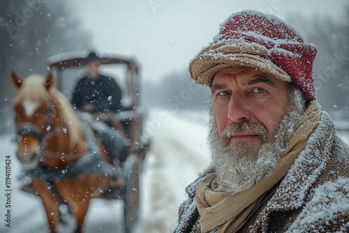 man covered in heavy winter attire traveling in a horsedrawn wagon through a picturesque winter landscape evoking nostalgia and adventure photo