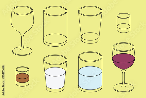 Empty glasses, flat graphic set vector