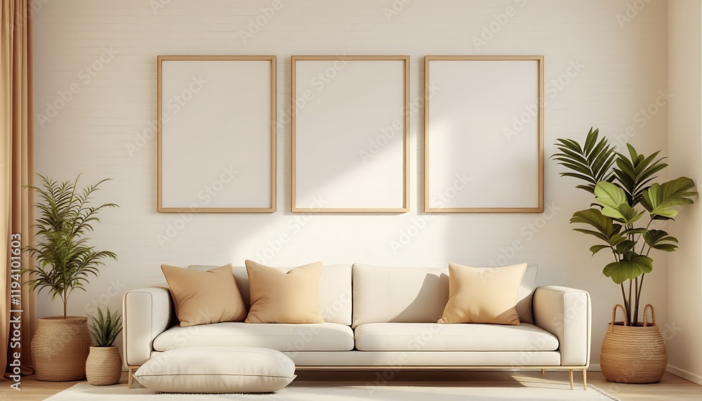 Fototapeta premium Modern living room with beige sofa, plants, and empty frames