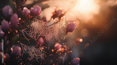 Dewdrops adorn a spiderweb among blossoming flowers at sunrise