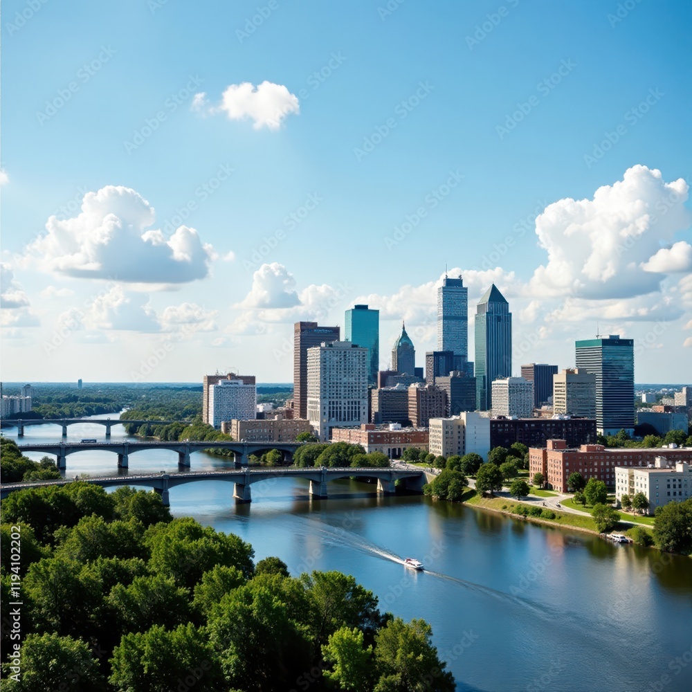 Naklejka premium Panoramic view of modern Downtown Baton Rouge skyline on a sunny day, cityscape, architecture, downtown