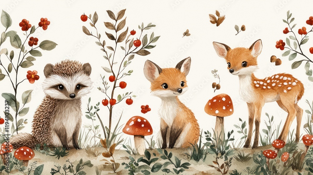 Naklejka premium Cute woodland animals among flowers and mushrooms.