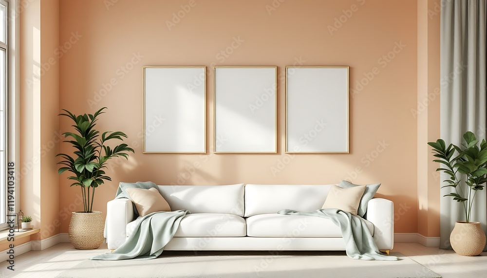 Modern living room, peach walls, white sofa, sunlight, plants, interior design, home decor Modern living room, peach walls, white sofa, sunlight, plants, interior design, home decor