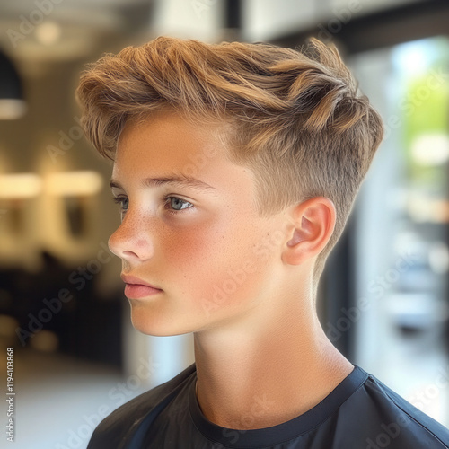 Youthful boy's stylish haircut urban barbershop portrait photography modern interior close-up personal grooming photo