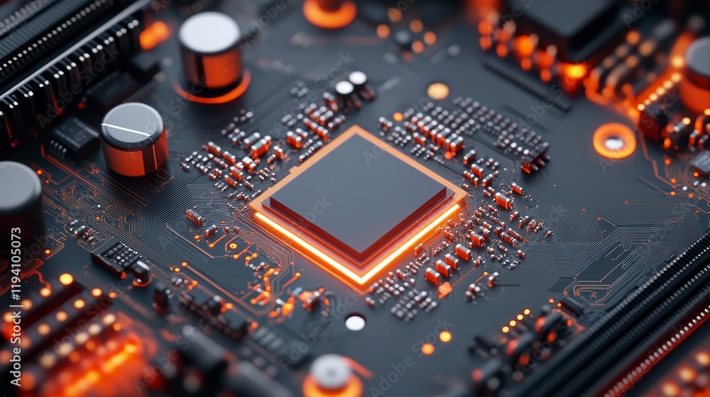 Close-up of a modern microprocessor on a circuit board with glowing elements and intricate details Close-up of a modern microprocessor on a circuit board with glowing elements and intricate details