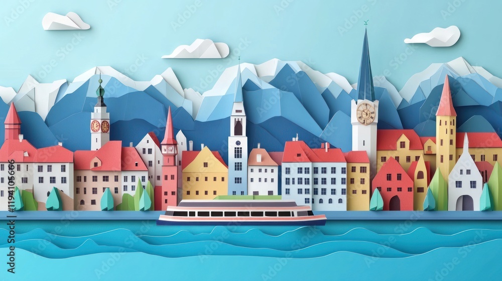 Fototapeta premium A colorful paper-cut landscape featuring mountains, a lake, and charming buildings.