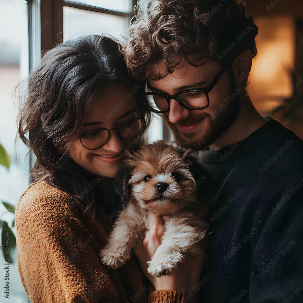a young couple welcomes a little puppy into their home who will now live with them a young couple welcomes a little puppy into their home who will now live with them