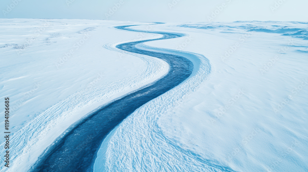 Serpentine Frozen River Cutting Through Pristine Snowy Landscape in Winter Wonderland Serpentine Frozen River Cutting Through Pristine Snowy Landscape in Winter Wonderland