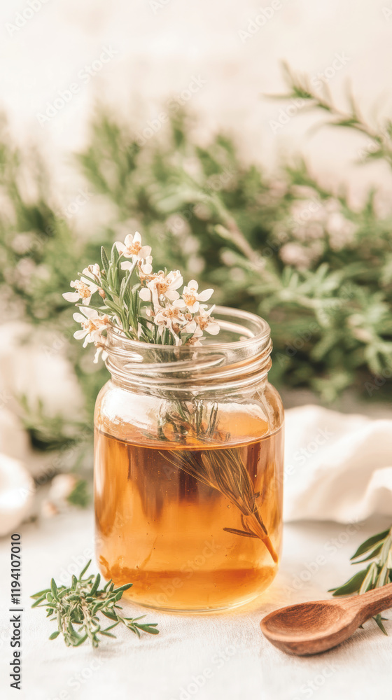 Herbal Honey Jar with Rosemary and Flowers on Rustic Table Herbal Honey Jar with Rosemary and Flowers on Rustic Table