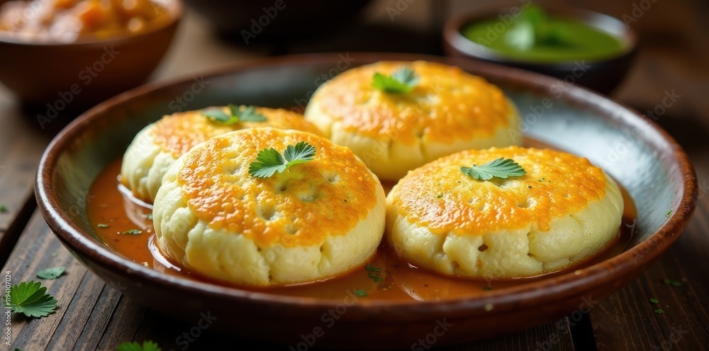 idli with steaming hot sambar and a side of spicy chutney, rice cake, breakfast dish, lentil soup idli with steaming hot sambar and a side of spicy chutney, rice cake, breakfast dish, lentil soup