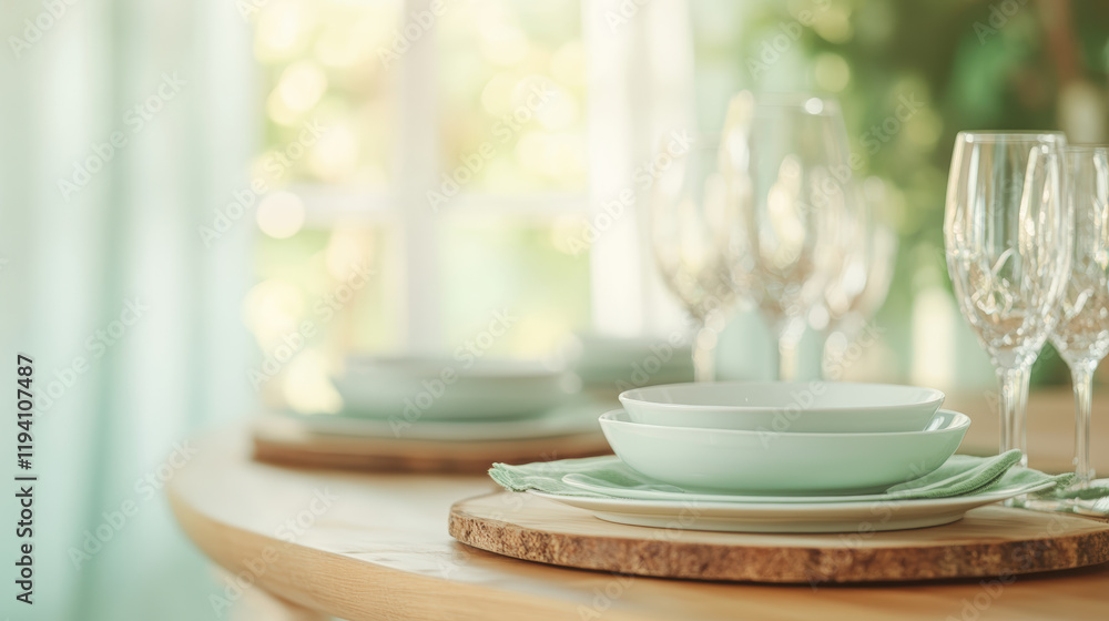 Elegant Table Setting with Green Plates and Crystal Glasses by Sunny Window Elegant Table Setting with Green Plates and Crystal Glasses by Sunny Window