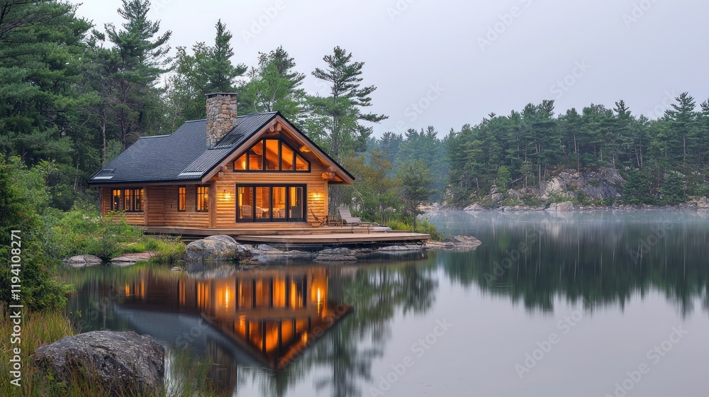 Obraz premium Cozy lakeside cabin surrounded by trees.