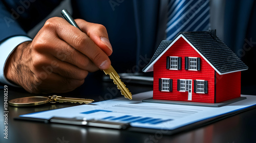 Wallpaper Mural a house key and house model while the buyer and real estate agent discuss the terms of the purchase agreement, insurance, or loan history. Torontodigital.ca