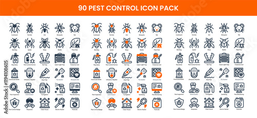 90 Insect Control Icons in 3 Styles (Line, Solid, Two-Tone), Featuring Bug Spray, Electric racket, Exterminator, and More – Vector Illustrations