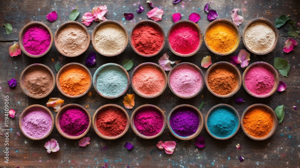 Vibrant Array of Colored Powders in Wooden Bowls for Celebrations and Festivals Vibrant Array of Colored Powders in Wooden Bowls for Celebrations and Festivals