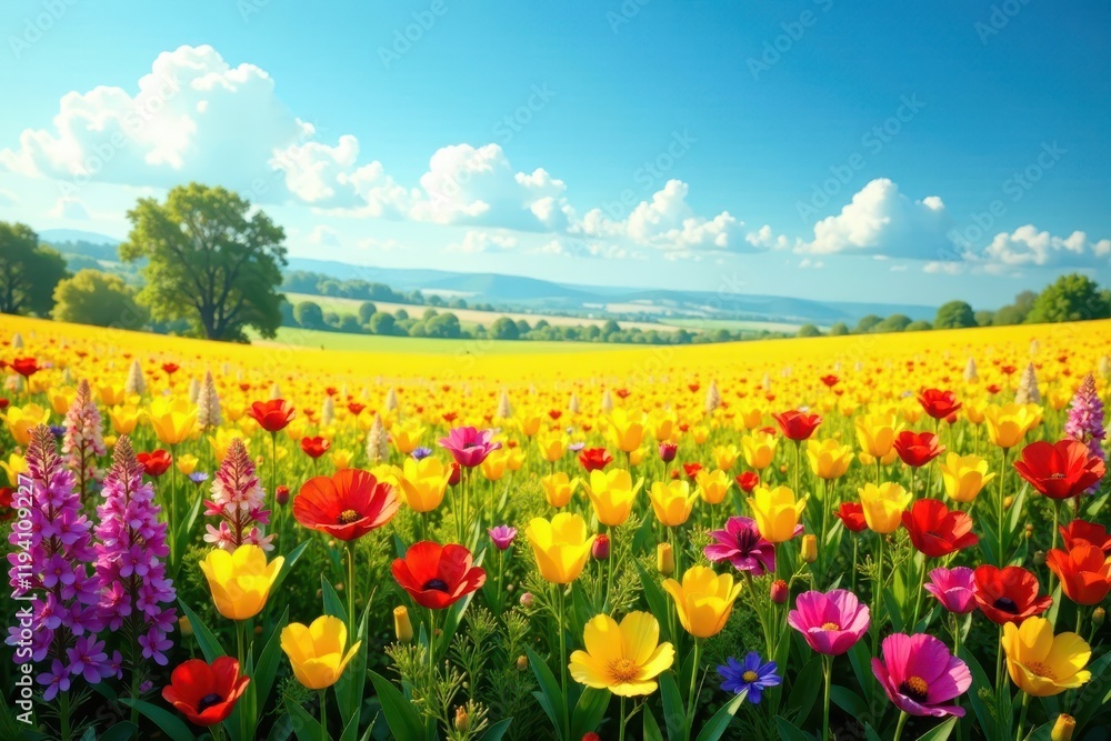 vast field of colorful flowers swaying gently in the breeze, nature, sunshine, landscape