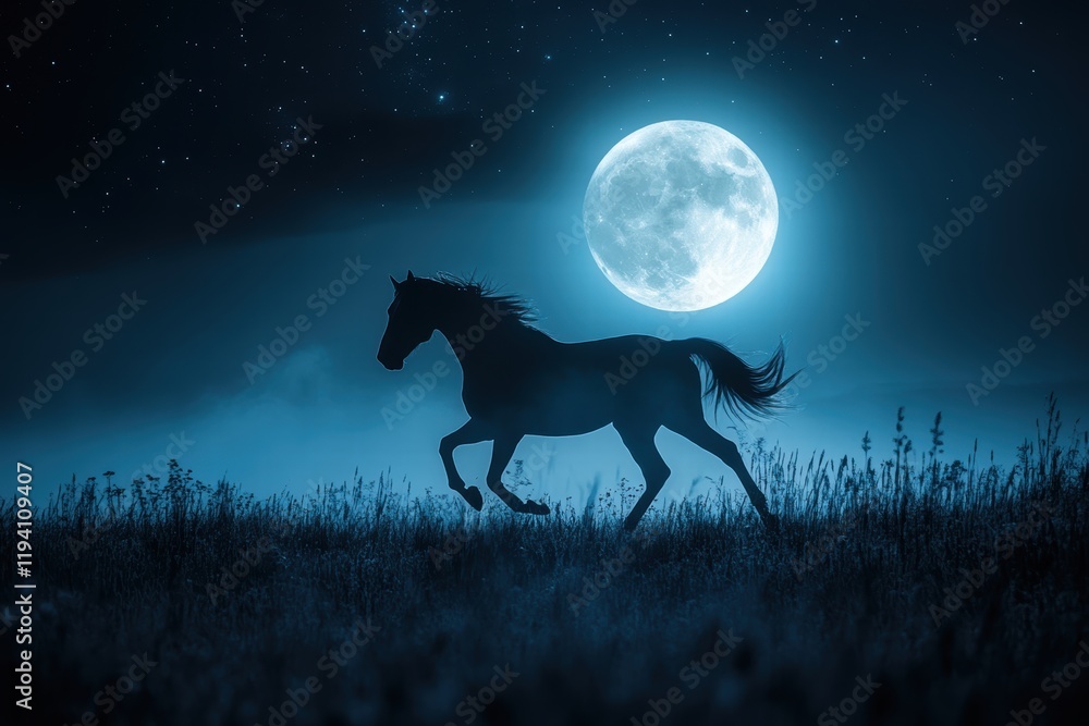 The shadow of a horse in the moonlight as it runs free in an open grassland, with the full moon shining brightly. The shadow of a horse in the moonlight as it runs free in an open grassland, with the full moon shining brightly.