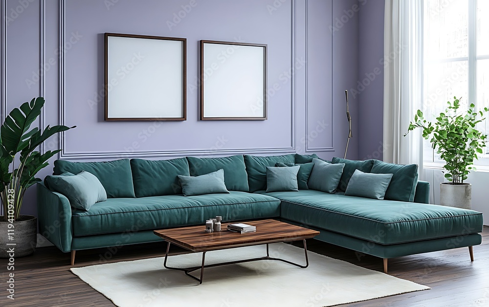 Fototapeta premium Teal sectional sofa in lavender living room