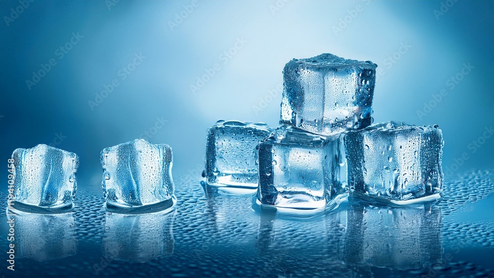 Melting ice cubes on a smooth cool surface with water droplets reflecting light
Melting ice cubes on a smooth cool surface with water droplets reflecting light
