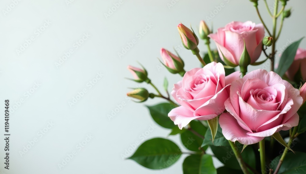 Soft pink rose stems and eustoma flowers arranged in a corner floral arrangement, surrounded by greenery , pink roses, white background, corner flowers Soft pink rose stems and eustoma flowers arranged in a corner floral arrangement, surrounded by greenery , pink roses, white background, corner flowers