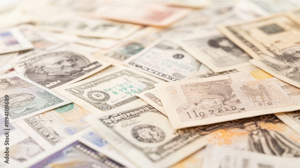 A Close-Up View of Various World Currency Bills Spread Out in a Chaotic Pile, Representing Global Trade and Financial Diversity, Featuring Different Denominations and Designs A Close-Up View of Various World Currency Bills Spread Out in a Chaotic Pile, Representing Global Trade and Financial Diversity, Featuring Different Denominations and Designs