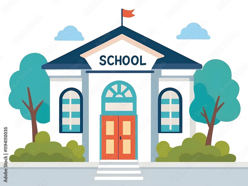 Fototapeta premium Cartoon modern School Building with Trees and Blue Sky, front view and yard– Educational Illustration Logo and Icon
