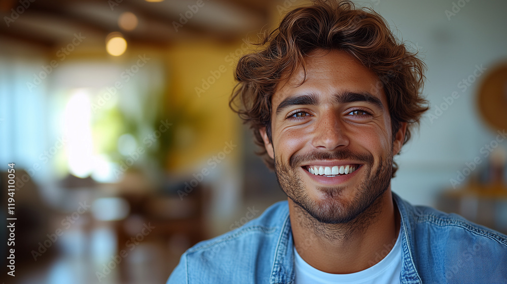Obraz premium Smiling Man in Casual Denim Indoors