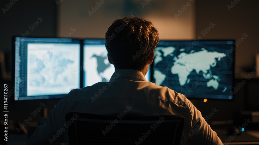 Man Examining Global Maps on Dual Computer Screens at Night Man Examining Global Maps on Dual Computer Screens at Night