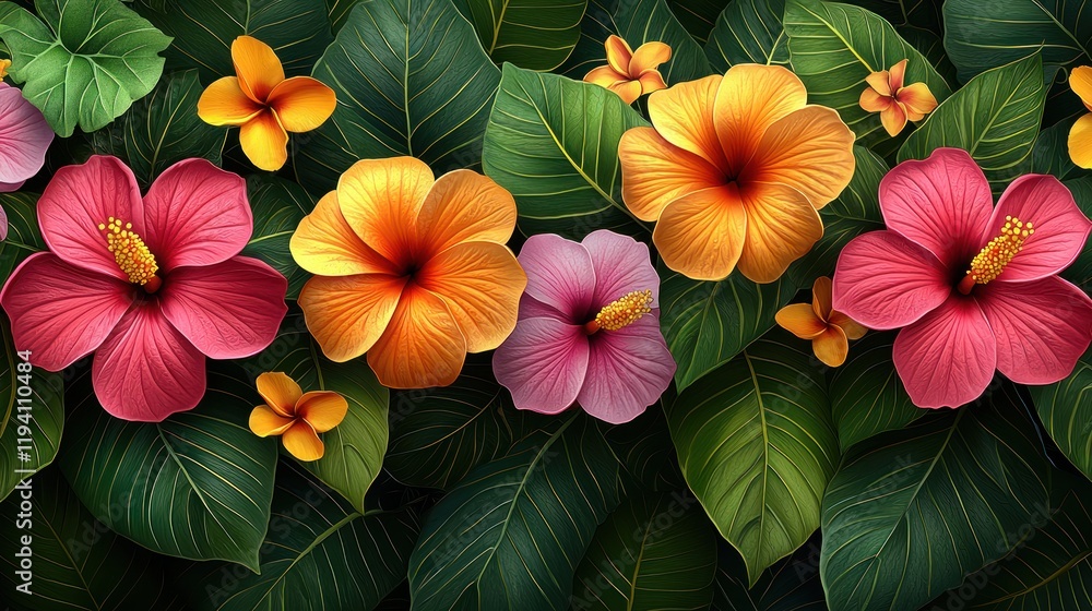 Fototapeta premium Vibrant tropical flowers amidst lush green leaves.