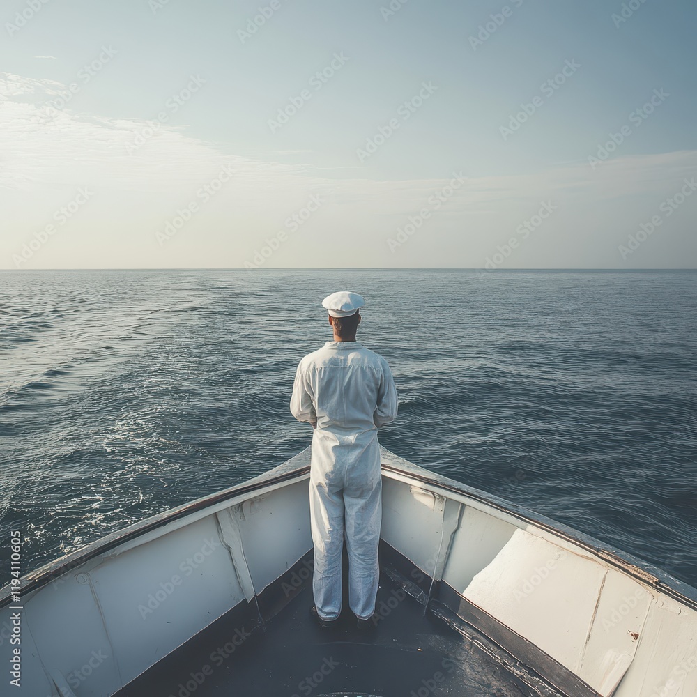 Sailor standing at the bow of a ship facing the horizon, back view, nautical adventure and discovery Sailor standing at the bow of a ship facing the horizon, back view, nautical adventure and discovery