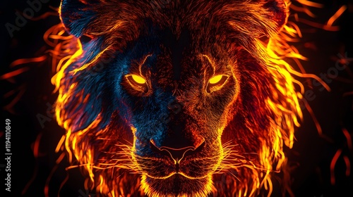 portrait of neon line art of lion on a black background
